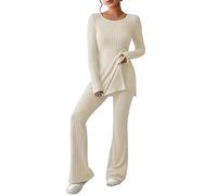 Archedeer Two-Piece Women's Knitted Tracksuit Sets Long Sleeve Ribbed Knitted Jumper + Long Flared Trousers Leisure Jogging Suit Lounge Set, 01 Beige, M