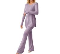 Archedeer Two-Piece Women's Knitted Tracksuit Sets, Long Sleeve Ribbed Knitted Jumper + Long Flared Trousers, Leisure Jogging Suit, Lounge Set (02 Purple, M), 02 purple, M