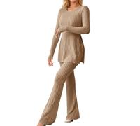 Archedeer Two-Piece Women's Knitted Tracksuit Sets Long Sleeve Ribbed Knitted Jumper + Long Flared Trousers Leisure Jogging Suit Lounge Set, 02-khaki, M
