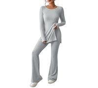Archedeer Two-Piece Women's Knitted Tracksuit Sets Long Sleeve Ribbed Knitted Jumper + Long Flared Trousers Leisure Jogging Suit Lounge Set, 01-Grey, XL