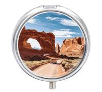 Arches National Park Entrance Pill Box 3 Compartment Travel Pill Organizer 3 Times A Day Cute Mini Pill Case for Purse & Pocket Portable Metal Medicine Box with Mirror Round Daily Medicine Vitamin Con