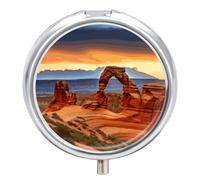 Arches National Park Pill Box 3-Compartment Travel Pill Organizer Portable Round Medicine Case with Mirror Design for Vitamins, Jewelry & Essentials Durable Pocket Pillbox for Purse, Camping