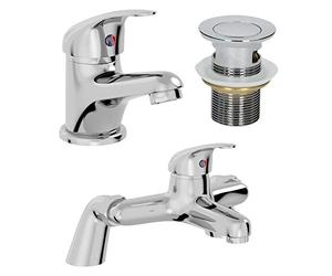 Architeckt® Essentials Bathroom Bath Filler Mixer Tap and Basin Tap with Waste Set Deck Mounted Round Twin Lever Handle Modern, Chrome