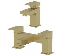 Architeckt® Ibbardo Bathroom Bath Filler Mixer Tap and Basin Tap Set Deck Mounted Square Twin Lever Handle Modern, Brushed Brass