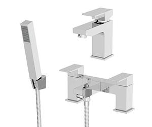 Architeckt® Ibbardo Bathroom Bath Shower Mixer Tap and Basin Tap Set Deck Mounted Square Twin Lever Handle Modern, Chrome