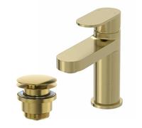 Architeckt® Lund Bathroom Cloakroom Basin Sink Mixer Tap and Waste Set Deck Mounted Round Single Lever Handle Modern, Brushed Brass