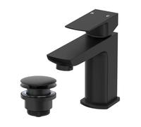 Architeckt® Matera Bathroom Cloakroom Mini Basin Sink Mixer Tap and Waste Set Deck Mounted Square Single Lever Handle Modern, Matt Black