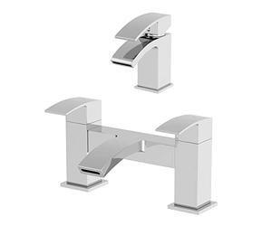 Architeckt® Osmo Bathroom Bath Filler Mixer Tap and Basin Tap Set Deck Mounted Curved Twin Lever Handle Modern, Chrome