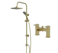Architeckt® Square Waterfall Bath Shower System Mixer Shower Tap with Modern Square Riser Rail Kit Dual Rainfall Shower Heads Handset, Brushed Brass