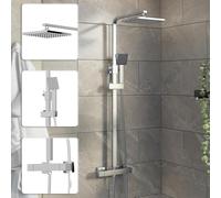 Architeckt Thermostatic Mixer Shower Set Square Rainfall Drencher Head, Handheld Shower, Adjustable Riser Rail & Exposed Bar Valve, Wall-Mounted Chrome Bathroom Shower System