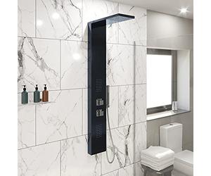 Architeckt® Thermostatic Shower Tower Column Panel, Three Function 3-in1 System with Rainfall Head Handset 2 Body Jets Square Showers, Mirrored Black