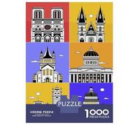 Architectural Landmarks Minimalist Illustration 1000 Piece Jigsaw Puzzle, Old Europe Travel Artwork, 1000 Pieces for Adults, Travel Gift for Families, Mindful Activity, 52x38cm/1000pcs