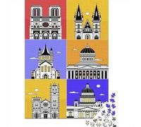 Architectural Landmarks Minimalist Illustration Jigsaw Puzzle 1000 Pieces, World Landmark Travel Poster, Thick Cardboard Pieces for Adults, Family Night Game, Decorative Artwork, 38x26cm/1000pcs