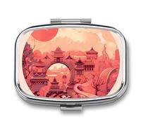 Architectural Patterns Pill Box 2 Compartments Portable Travel Pill Case Mini Medicine Organizer for Pocket Purse Metal Waterproof Medicine Container Holder Vitamin Fish Oil