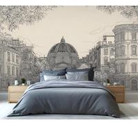 Architectural Sketch Mural Urban Street Tree View Room Wallpaper European Style Buildings Wallpaper for Bedroom Wall Mural Poster for Living Room Bedroom Kids Room Sofa TV Background Decor 500X350cm