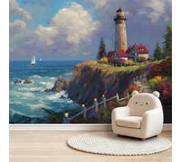 Architecture Coastal Non-Woven Wall Mural for Bedroom Bedside and Hallway Accent Wall, Unpasted 3D Effect Large Photo Wallpaper Poster, Lighthouse Sea Waves Cliffs Oil Painting