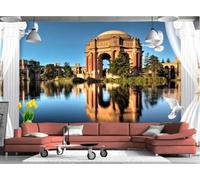 Architecture Lake Reflection Flying Birds Curtains 3D Wallpaper Luxury Silk Study Dining Feature Sofa Grey Bedroom Living Room Tv Decorative Wall-150cm×105cm