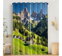 Architecture Landscape Curtains, Valley Village 3D Print Pattern Eyelet Thermal Insulated Room Darkening Blackout Window Drapes, for Bedroom Kids Nursery 2 Panels W 66" x L 90", Green