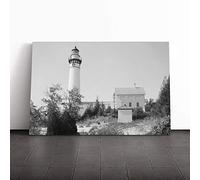 Architecture Lighthouse US Reservation, Michigan Canvas Print | Gallery Wrapped 30mm Frame Wall Art | 24x16 inches | Ready to Hang | Coastal Seascape Picture | Living Room Bedroom Lounge Office