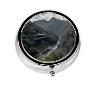 Architecture Mountains Print Pill Box 3 Compartments Round Pill Organizer Metal Waterproof Portable Pill Case for Pocket or Purse Vitamin/Fish Oil/Pills/Supplements