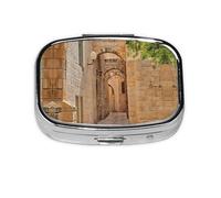 Architecture Streets Houses Print Pill Box 2 Compartment Medicine Pill Case,Portable for Pocket Or Purse Pill Box Decorative Metal Medicine Organizer