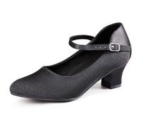 ARCLIBER Character Shoes Women's Ballroom Shoes Satin Pumps Ankle Strap 1.55" Modern Dance Heels for Salsa Tango Flamenco Latin, Satin Black, 4 UK
