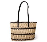 ARCLIBER Straw Woven Shoulder Bag, Natural Metial with Black Stripes, 16 x 14 inches, Large Size