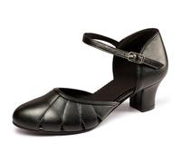 ARCLIBER Women's Ballroom Shoes Leather Pumps Ankle Strap 1.55" Modern Dance Heels for Salsa Tango Flamenco Latin Character Shoes, Black, 6 UK