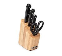Arcos Universal Knife Set 4 pcs 3 Knives + Scissors POM Black | 4-piece set (3 knives + 1 scissors), 1670 g, pine wood block. Ergonomic polyoxymethylene handle.