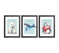 Arctic Animals Watercolour Nursery Prints For Baby Girl Or Boy - Set of 3 - Polar Bear, Whale & Penguin - Nursery Decor Wall Art Gift Present - Be Brave, Dream Big, Be Kind - A5, A4, A3 Frame Options