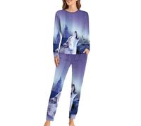 Arctic Aurora Wolf Women's Pajamas Set Long Sleeve Lounge Sets Soft Sleepwear with Pockets M