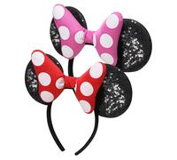 Arctic catfish Mouse Ears Headband Fully Sewn Sturdy Headbands 2-Pcs， 4.6-Inch Sequin Big Ears 3D Silk Satin Bowknot Suitable for Women and Girls Theme Role Play Costume Accessories Party