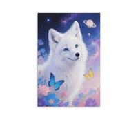 Arctic Fox Canvas Wall Art Nebula Sea of Flowers Print On Canvas Artwork for Living Room Bedroom Home Office Decor Gift 20x30inch(50x75cm)