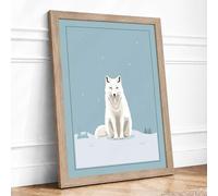 Arctic Fox in Snow Minimalist Framed Wall Art Print A1 (84.1×59.4cm) Oak, Wall Decor for Living Room, Bedroom, Office & Home, Ready to Hang, Art Gift