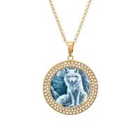 Arctic Fox in The Snow Round Pendant Necklace Diamond Edging Brilliant Personalized Jewelry Gifts for Women Golden-style