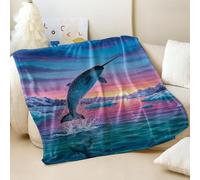 Arctic Narwhal Leaping Flannel Blanket, Morning Twilight Reflecting Ice Peaks, Super Soft Cozy Throw for Sofa and Bed (03,130x150cm)