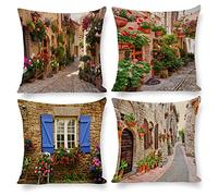 Arctic Residents 3D Street View Floral Porches Unique Romantic Trail Stone Wall Flowers 4pcs Cushion Covers Decorative Square Throw Pillow Cover Sofa Car Pillowcase for Outdoor Home Bed Decor,Set of 4