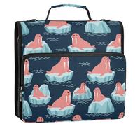 Arctic Walrus Iceberg Blue Pattern 3 Ring Zipper Binder with Shoulder Strap Handle 1.5 inch Ring Zipper Binder 500 Sheets Capacity Storage Organizer Case for School Office Supplies