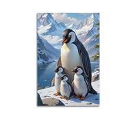 Arctic Wildlife Poster Penguin Chicks Crystal Lake Snow Peaks Scenic Artwork Decorative Canvas Family Bedroom Artwork Picture Painting 12x18inch(30x45cm)