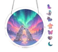 Arctic Wolves Aurora Scene 7.8x7.8Inch Round Acrylic Hanging Puzzle | Creative Home Accent with Visual Appeal