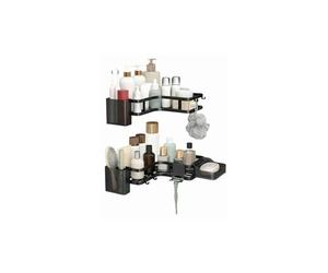 ARCUS 2 Pack Corner Shower Caddy - w/ 1x Soap Holder, 2x Clip-on Basket & 4 Moveable Hooks - For Shampoo, Bodywash, Shaving - Drill Free - Strong Adhesive - Rust Proof Bathroom Storage