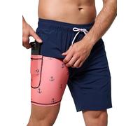 Arcweg Men's Swim Shorts Long Length Swimming Trunks with Compression Lining 2 in 1 Swimming Short with Zipper Pockets Men's Swim Trunk Quick Dry Double Layer Navy Blue+AnchorL(UK)
