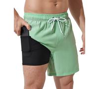 Arcweg Men's Swim Trunks Mens Swimming Shorts with Compression Liner Quick Dry Stretchy 2 in 1 Board Shorts with Zipper Pockets 3XL（UK Mint Green