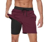 Arcweg Men's Swim Trunks Mens Swimming Shorts with Compression Liner Quick Dry Stretchy 2 in 1 Board Shorts with Zipper Pockets Black+Wine Red 2XL (UK)