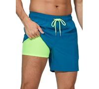 Arcweg Men's Swim Trunks Mens Swimming Shorts with Compression Liner Quick Dry Stretchy 2 in 1 Board Shorts with Zipper Pockets Peacock Blue 2XL（UK