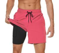 Arcweg Men's Swim Trunks Mens Swimming Shorts with Compression Liner Quick Dry Stretchy 2 in 1 Board Shorts with Zipper Pockets Pink L(UK)