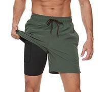 Arcweg Men's Swim Trunks Mens Swimming Shorts with Compression Liner Quick Dry Stretchy 2 in 1 Board Shorts with Zipper Pockets Army Green 2XL (UK)