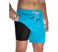 Arcweg Men's Swim Trunks Mens Swimming Shorts with Compression Liner Quick Dry Stretchy 2 in 1 Board Shorts with Zipper Pockets 3XL（UK Azure Blue