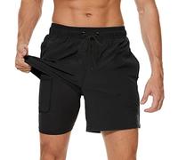 Arcweg Men's Swim Trunks Mens Swimming Shorts with Compression Liner Quick Dry Stretchy 2 in 1 Board Shorts with Zipper Pockets 4XL（UK Black
