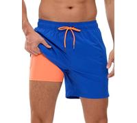 Arcweg Men's Swim Trunks Mens Swimming Shorts with Compression Liner Quick Dry Stretchy 2 in 1 Board Shorts with Zipper Pockets Navy Blue M（UK